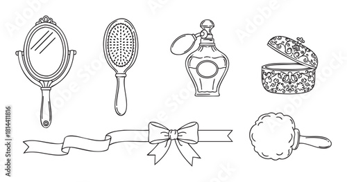 Elegant set of classic vanity table items featuring a hand mirror, perfume atomizer, hairbrush, and powder puff, illustrated in a simple black outline style