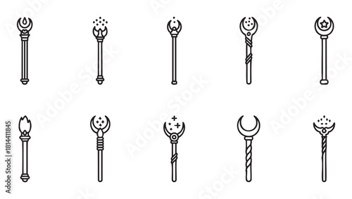 Collection of magical wands and mystical staffs in a minimalist black line art icon set