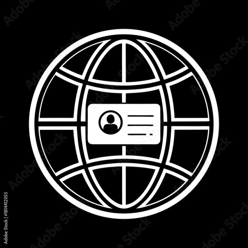 White globe icon with ID card on black background Keywords: globe, world, earth, map, network
