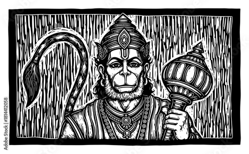 lord hanuman holding mace hindu monkey god woodcut engraving vector