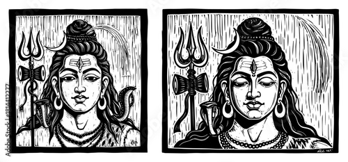 Set of two vintage woodcut style portraits of Lord Shiva with trishula and snake vector illustration