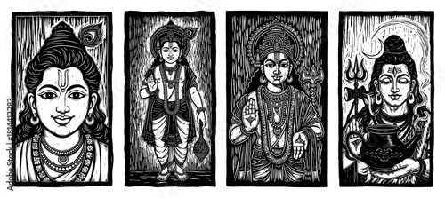 Hindu gods set krishna vishnu and shiva vintage woodcut panels vector illustration