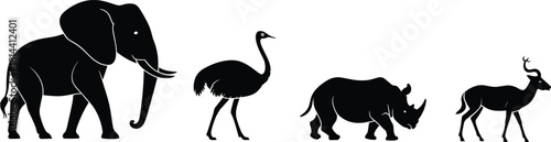PrintAfrican Safari Animals Silhouette Vector, Elephant, Ostrich, Rhino, and Impala Black Graphic for Wildlife and Zoo Design