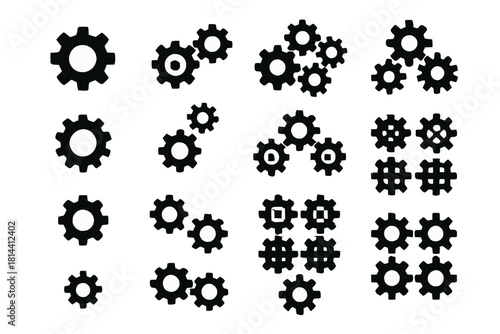 Gear Icons in Modular Compositions with Nested Radial Linear and Symmetrical Arrangements in Black Vector Style on White Background