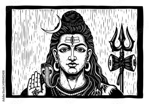 Portrait of Hindu God Shiva giving blessing with trident and crescent moon in woodcut style vector illustration