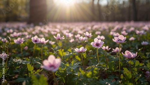 Pink Flowers Bloom in a Sunlit Forest With Vibrant Green Leaves During a Peac...