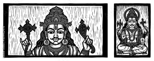 Hand drawn Lord Vishnu vector illustration holding Gada and Shankha shell in traditional seated pose designed in retro linocut woodblock style
