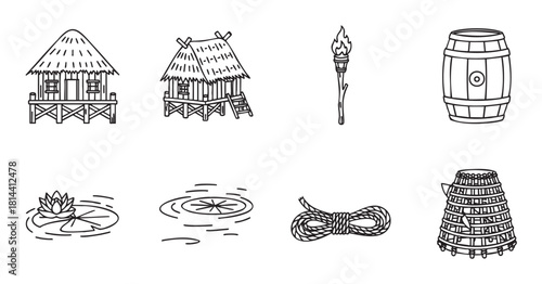 Collection of minimalist outline icons depicting traditional riverside life with a thatched hut, fish trap, water lily, and flaming torch for adventure or survival themes