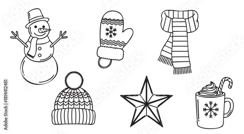 Set of festive winter season doodle illustrations featuring a snowman, warm clothing, a star ornament, and a cozy hot drink, presented in a simple black outline style