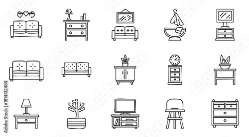 Collection of minimalist black line art icons representing various home furniture and interior decor items, including sofas, tables, and lamps