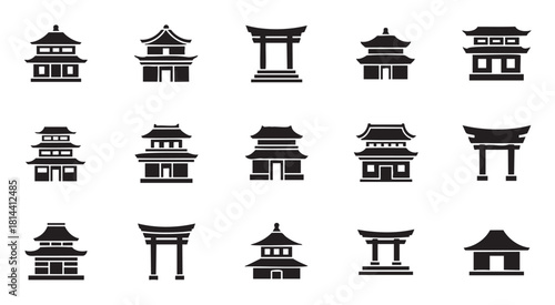 Collection of black silhouette icons depicting traditional Asian architecture, including pagodas, temples, and torii gates