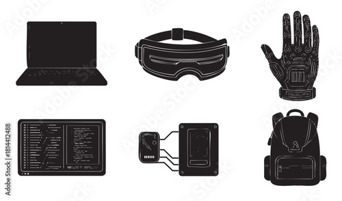 Set of black silhouette icons representing futuristic technology and virtual reality gear, including a laptop, goggles, a cybernetic glove, a data screen, and a backpack