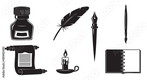 Collection of black silhouette icons representing vintage writing and art tools, including a quill, inkwell, scroll, candle, pen, and notebook