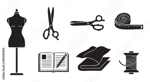 Collection of black silhouette icons for sewing and tailoring, featuring a mannequin, scissors, measuring tape, fabric, sketchbook, and thread