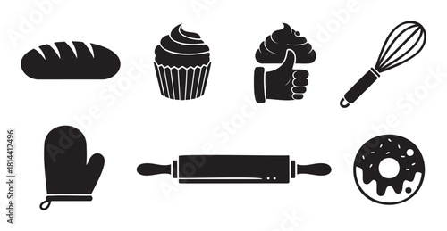 Collection of black silhouette icons for baking and pastry, including bread, cupcake, whisk, rolling pin, oven mitt, and donut