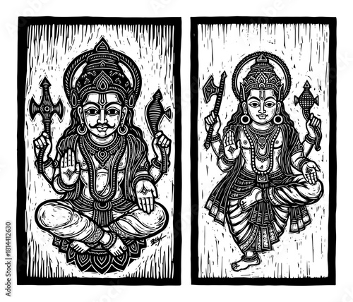 Set of Hindu deity vector illustrations featuring Lord Vishnu and Parashurama with axe and mace weapons in vertical woodcut art panels