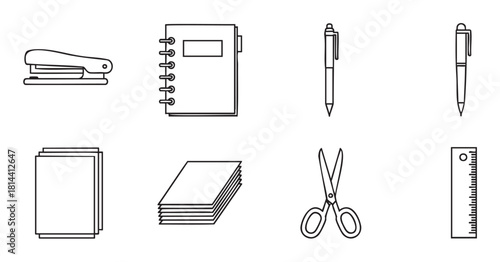 Collection of minimalist black line art icons featuring common office and school supplies including a stapler, notebook, pen, paper, scissors, and ruler