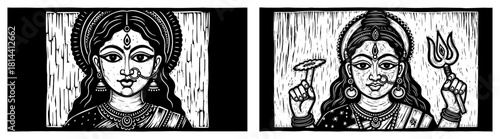 Hindu Goddess Durga portraits in woodcut style Vector black and white illustration with trident and lotus