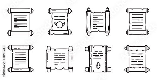 Collection of ancient scroll and parchment icons in a black and white line art style, representing historical documents, magical spells, and fantasy game elements