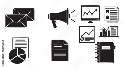 Set of hand-drawn black and white icons representing business, marketing, and data analytics concepts like charts, reports, email, and promotion