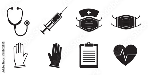 Set of black medical and healthcare icons including a stethoscope, syringe, nurse mask, and heartbeat