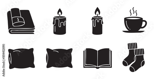 Set of black silhouette icons representing cozy home life, including a book, candle, hot drink, and warm socks, illustrating the concept of hygge and relaxation