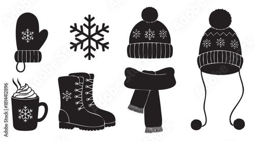 Collection of black and white winter icons featuring a hat, scarf, mittens, boots, snowflake, and hot beverage