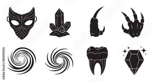 Collection of mystical black silhouette icons for fantasy themes, featuring a creature mask, monster claws, magic crystals, a tooth, and swirling vortex symbols