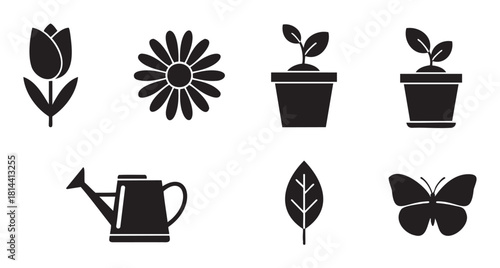Collection of simple black glyphs representing spring and gardening, featuring a flower, potted plant, watering can, and butterfly, presented as a clean vector icon set