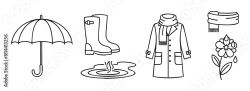 Set of black and white line art icons representing the autumn season and rainy weather, featuring an umbrella, rubber boots, a coat, a scarf, and a puddle