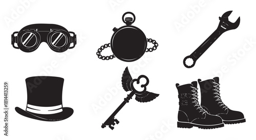 Collection of black and white steampunk-themed vector icons, including goggles, a pocket watch, top hat, winged key, wrench, and boots