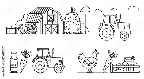 Set of black and white line art icons depicting farm life with a barn, tractor, chicken, and fresh produce like milk and carrots