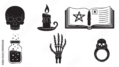Collection of black silhouette icons representing magic and the occult, including a skull, spellbook, candle, potion, skeleton hand, and ring