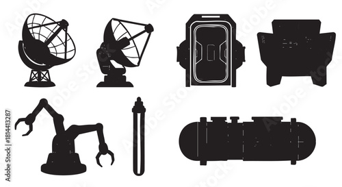 Graphic set of black silhouette icons representing futuristic technology and space exploration, with a satellite dish, robotic arm, and spaceship door
