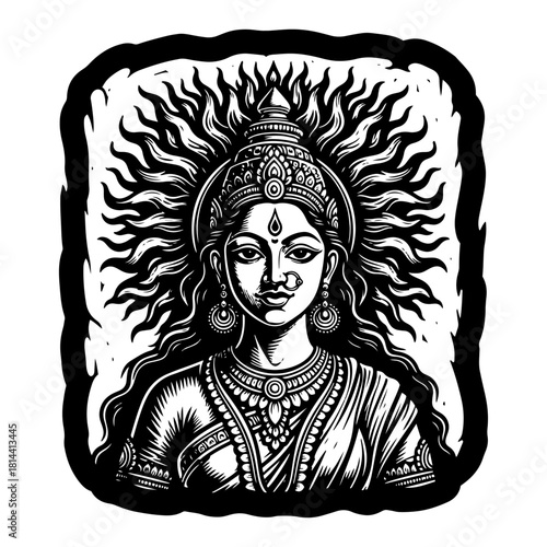Hindu goddess with flaming sun halo vintage woodcut vector illustration