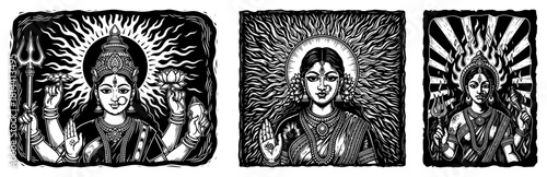 Set of three vintage woodcut style portraits depicting Hindu Goddesses Durga and Lakshmi with radiant halo backgrounds vector illustration