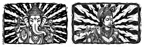 Vintage woodcut style banners featuring Lord Ganesha and Lord Krishna playing flute with dynamic sunburst backgrounds vector illustration