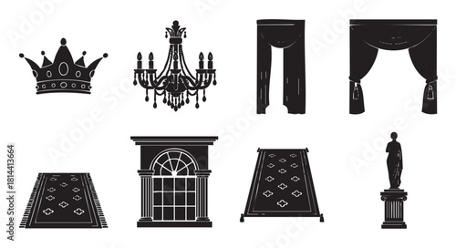 Collection of black silhouette icons representing royalty and luxury, including a crown, chandelier, curtains, and classical statue