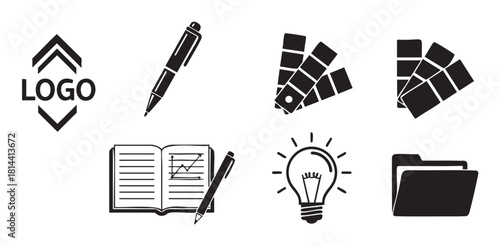 Set of eight flat design business icons in black silhouette style, featuring a generic logo, pen, color palette, notebook, idea lightbulb, and folder for creative projects