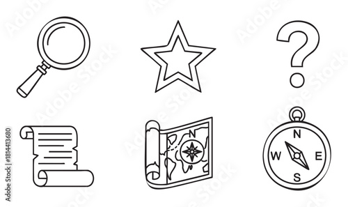 Collection of minimalist line art icons for adventure and exploration themes, including a map, compass, magnifying glass, scroll, star, and question mark