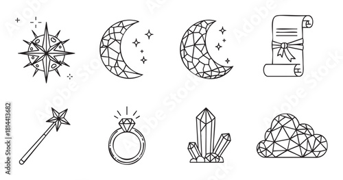 Collection of hand-drawn magic and fantasy icons in a minimalist black line art style, featuring a moon, star, wand, crystal, ring, and scroll