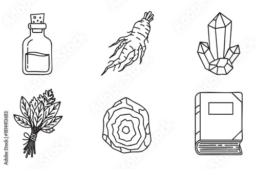 Set of minimalist black line art icons representing magical, alchemical, and esoteric elements, including a potion, root, crystal, herbs, geode, and a spellbook