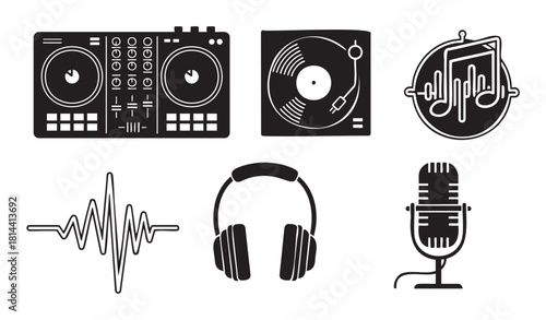 Collection of black and white music and audio icons, including a DJ controller, turntable, headphones, microphone, and soundwave
