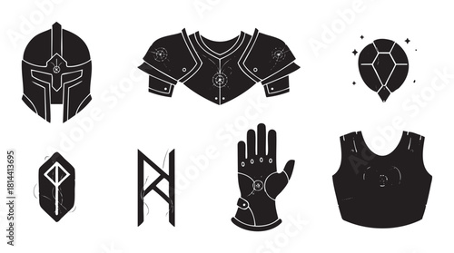 Set of medieval fantasy RPG game icons in a black silhouette style, showing a warrior's helmet, chest armor, gauntlet, shield, magic gem, and ancient runes