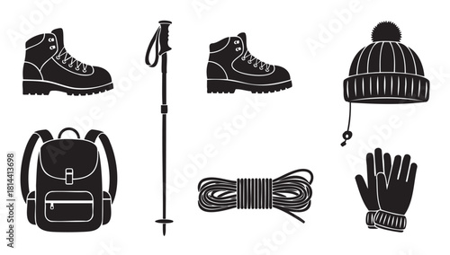 Collection of black silhouette icons representing hiking and mountaineering equipment, including boots, a backpack, rope, pole, hat, and gloves