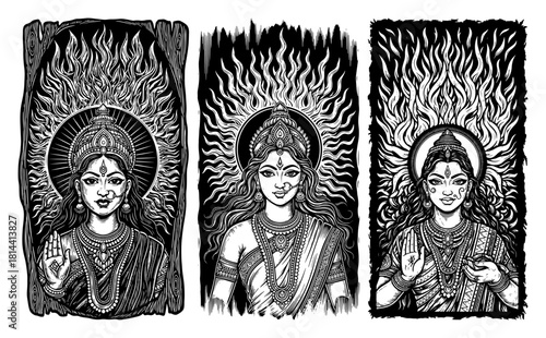 Set of hand drawn Hindu goddess vector portraits featuring divine feminine faces with halos and jewelry in vintage linocut and woodblock art style
