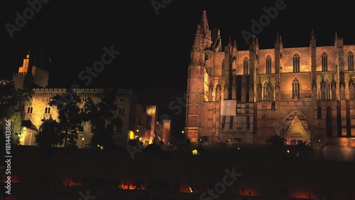 Illuminating view of the Cathedral of Santa Maria of Palma and the Royal Palace of La Almudaina at night, with their reflections appearing on the surface of the Parc de la Mar lake in Spain