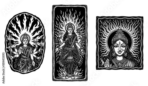 Collection of Hindu goddess vector illustrations including full body standing Durga holding trident and Lakshmi with lotus in retro black and white woodcut style