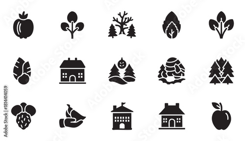 Minimalist black glyph icon set featuring nature and housing symbols, including apples, trees, leaves, plants, and various buildings