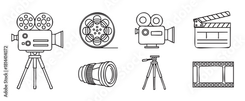 Collection of hand-drawn doodle style icons for the movie industry, featuring a retro film camera, clapperboard, lens, and filmstrip in a simple black outline vector illustration